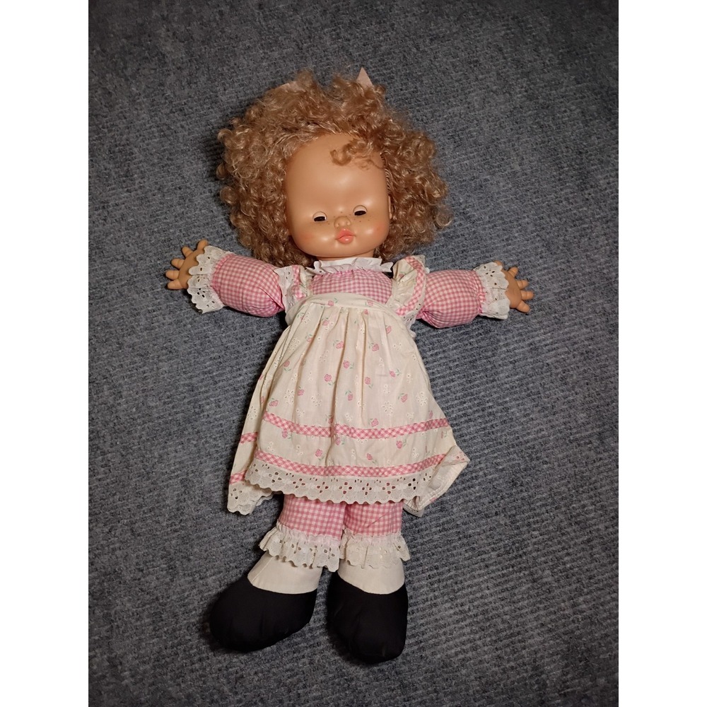 Vintage Horsman Curly Hair 23 Inch Doll With Pink And White Dress Green Eyes